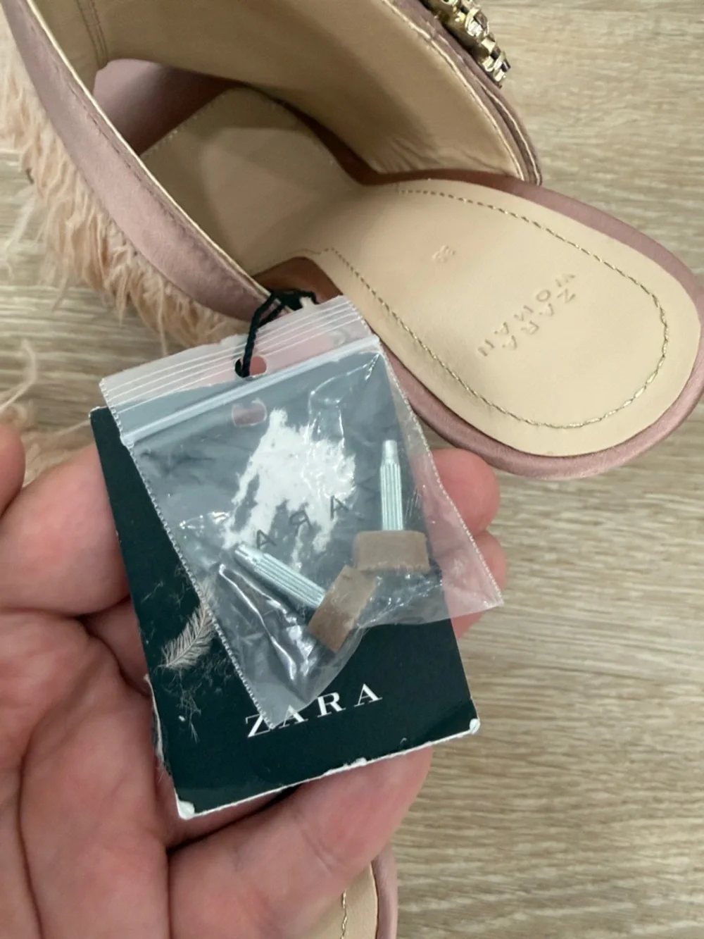 Zara Blush Feather Mule Heels with Crystal Buckle - Picture 7 of 7